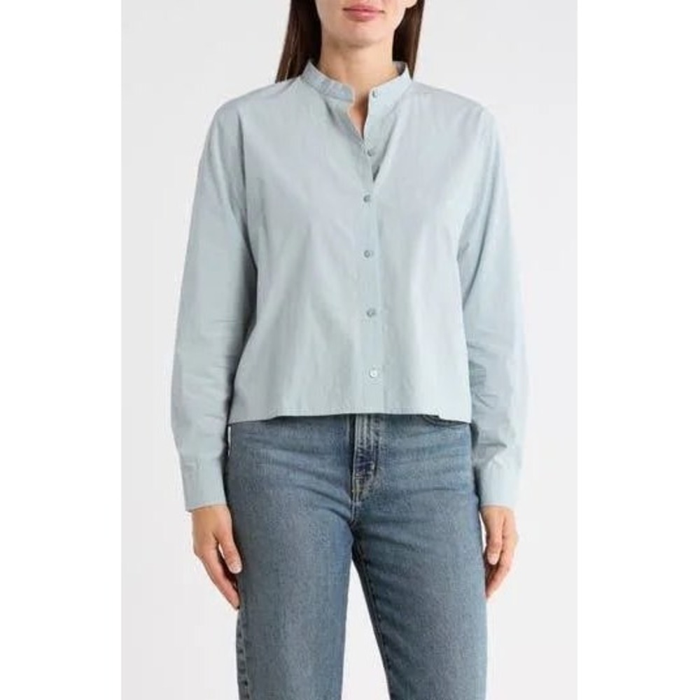 Eileen Fisher Organic Cotton Mandarin Collar Button Down Shirt Blue Grey Large